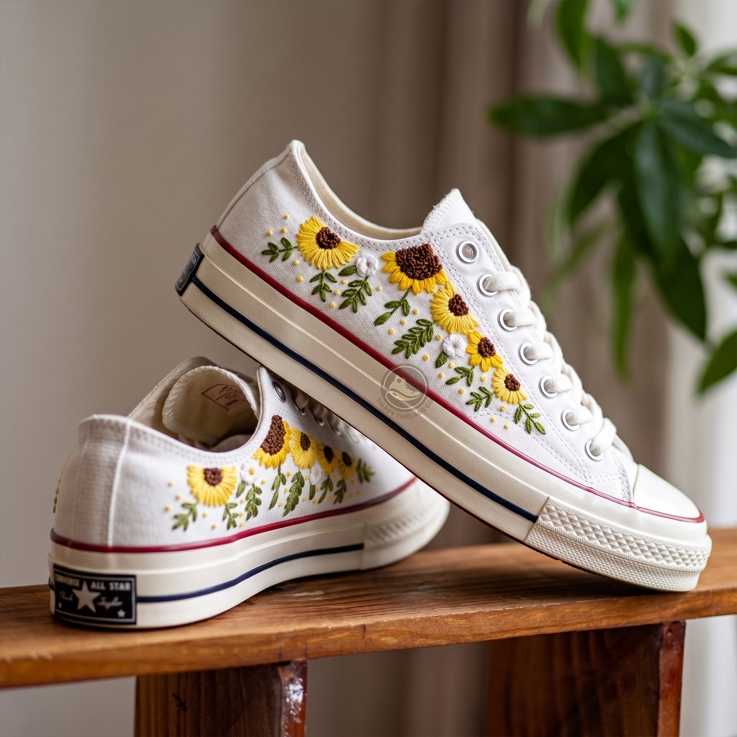 Sunflower Converse Low Tops, Yellow Floral Embroidered Sneakers - Image 2