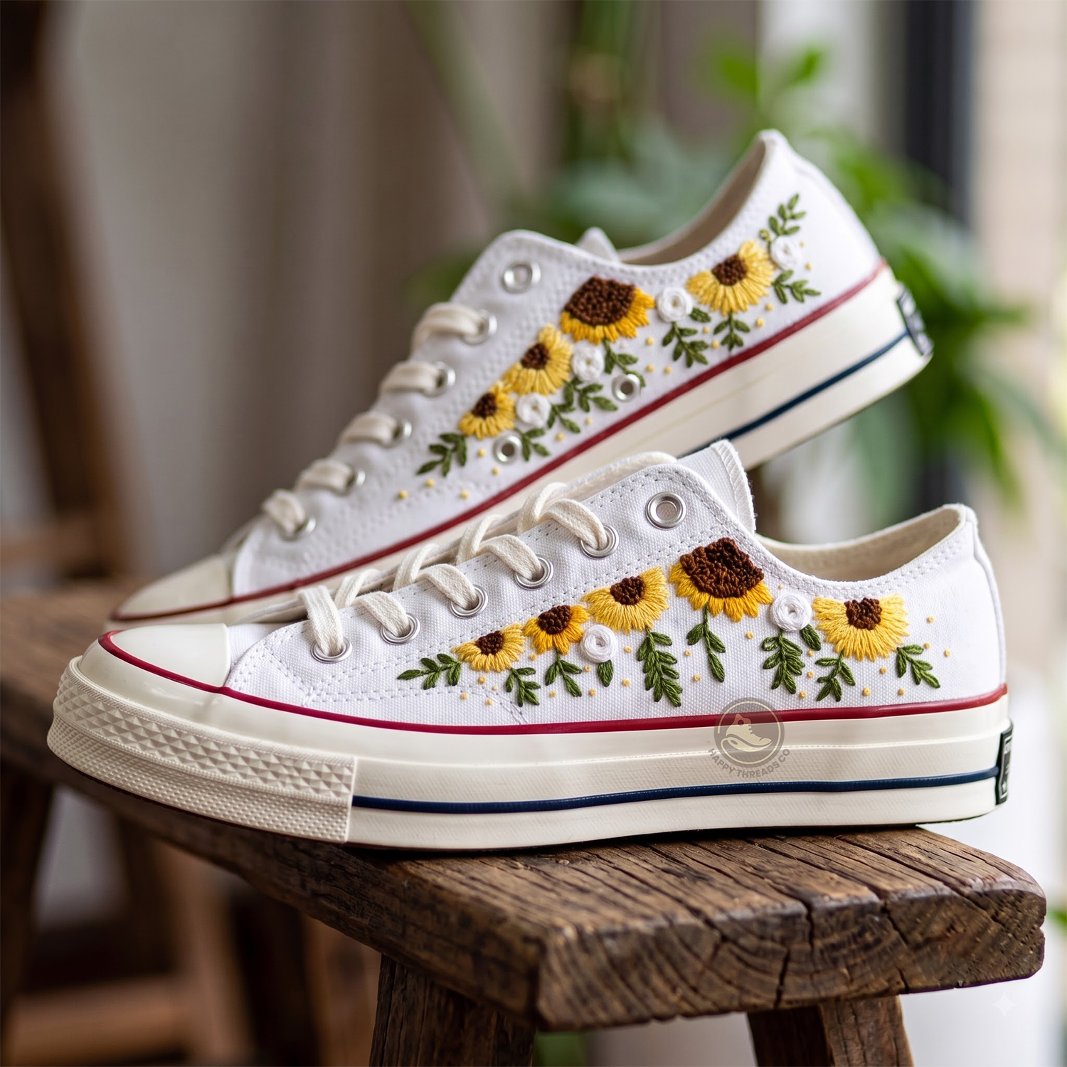Sunflower Converse Low Tops, Yellow Floral Embroidered Sneakers