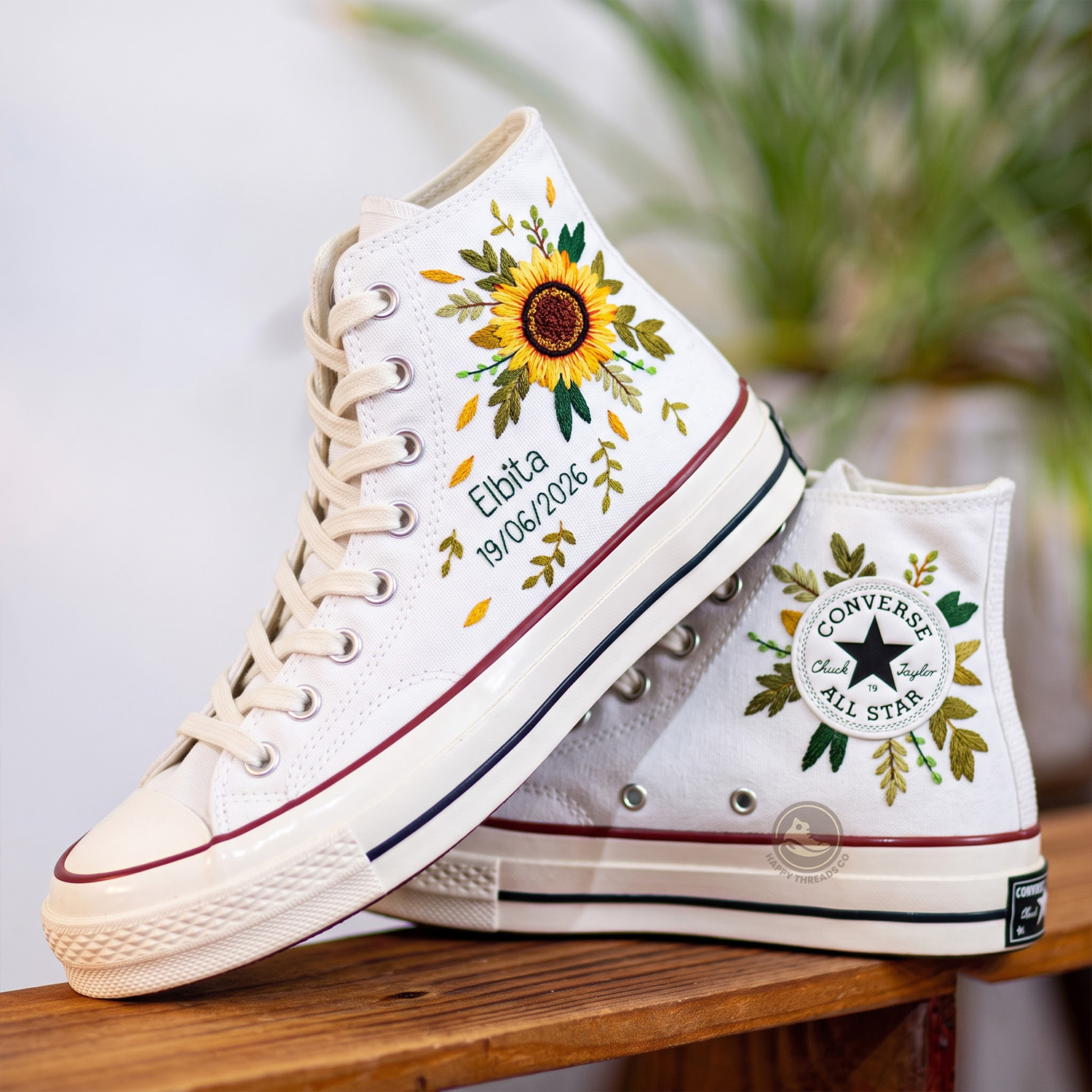 Sunflower Wedding Converse, Personalized Bridal Embroidered Sneakers - Image 3