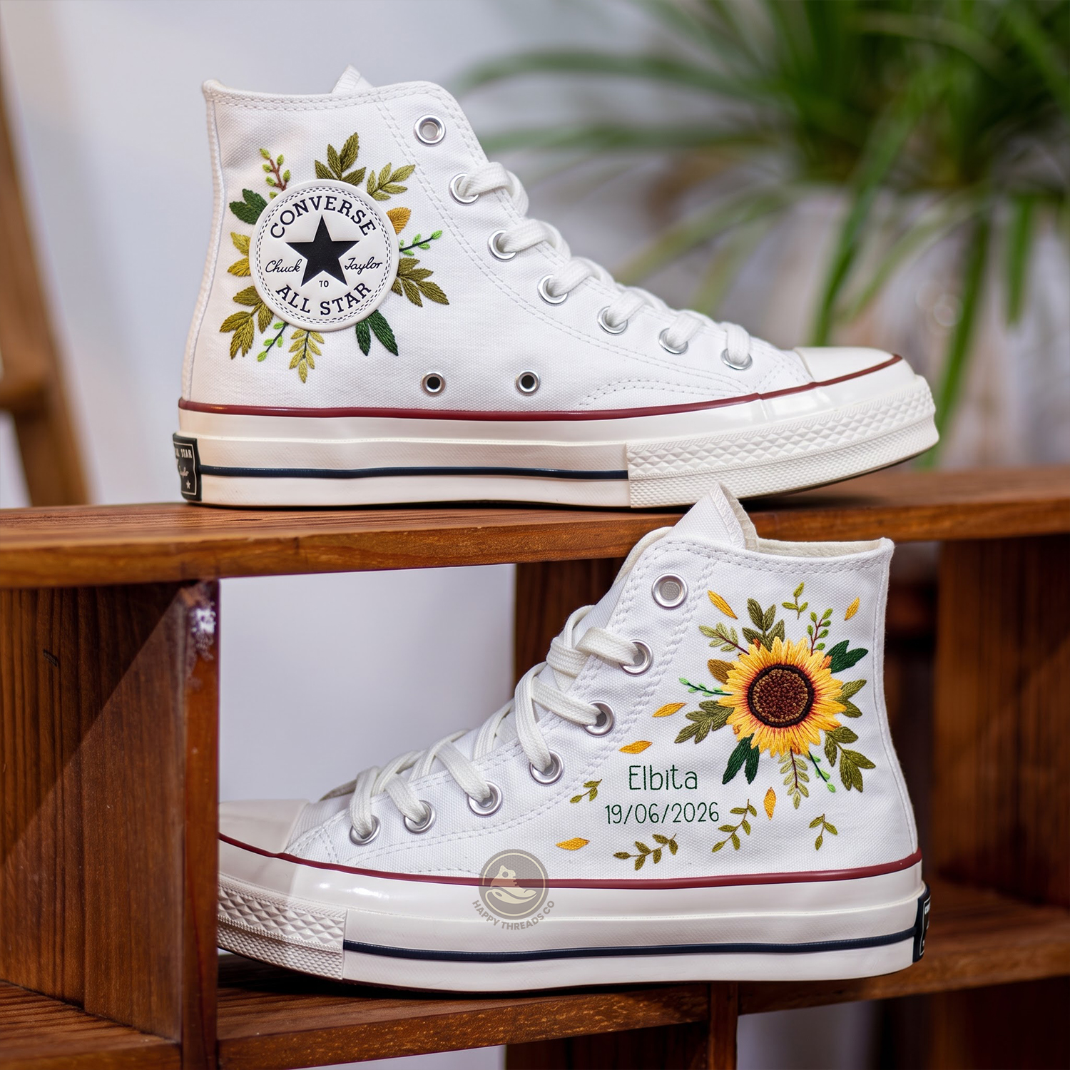 Sunflower Wedding Converse, Personalized Bridal Embroidered Sneakers