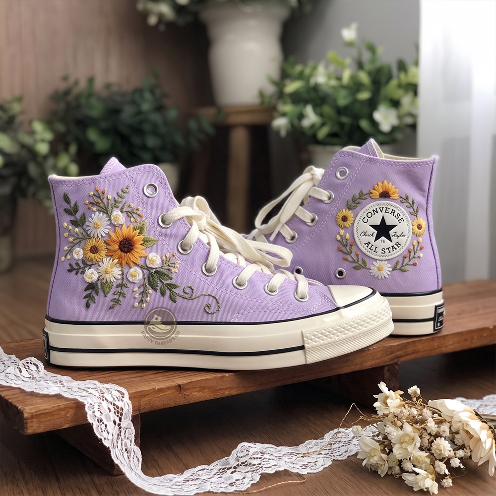 Sunflower Bouquet Converse, White Daisy Embroidered Sneakers