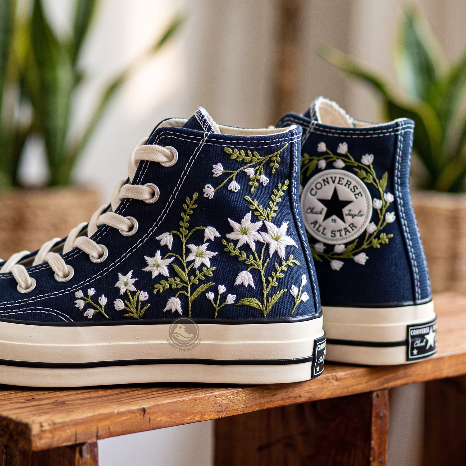 White Wildflower Converse, Navy Blue Botanical Embroidered High Tops