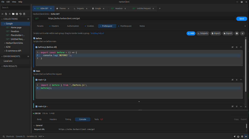 HarborClient PreRequest editor with modular before.js and main-1.js scripts for a GET request