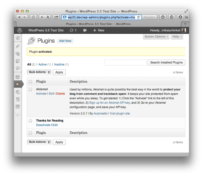 It allows you to hand over . HardcoreWP's Example "Thanks for Reading" Plugin in the WordPress Admin Plugin List after ...