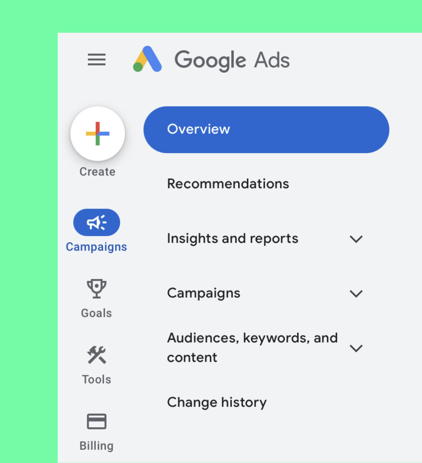 Screenshot of the Google Ads dashboard showing the campaigns menu, used in Hard Launch Digital’s advertising services content.