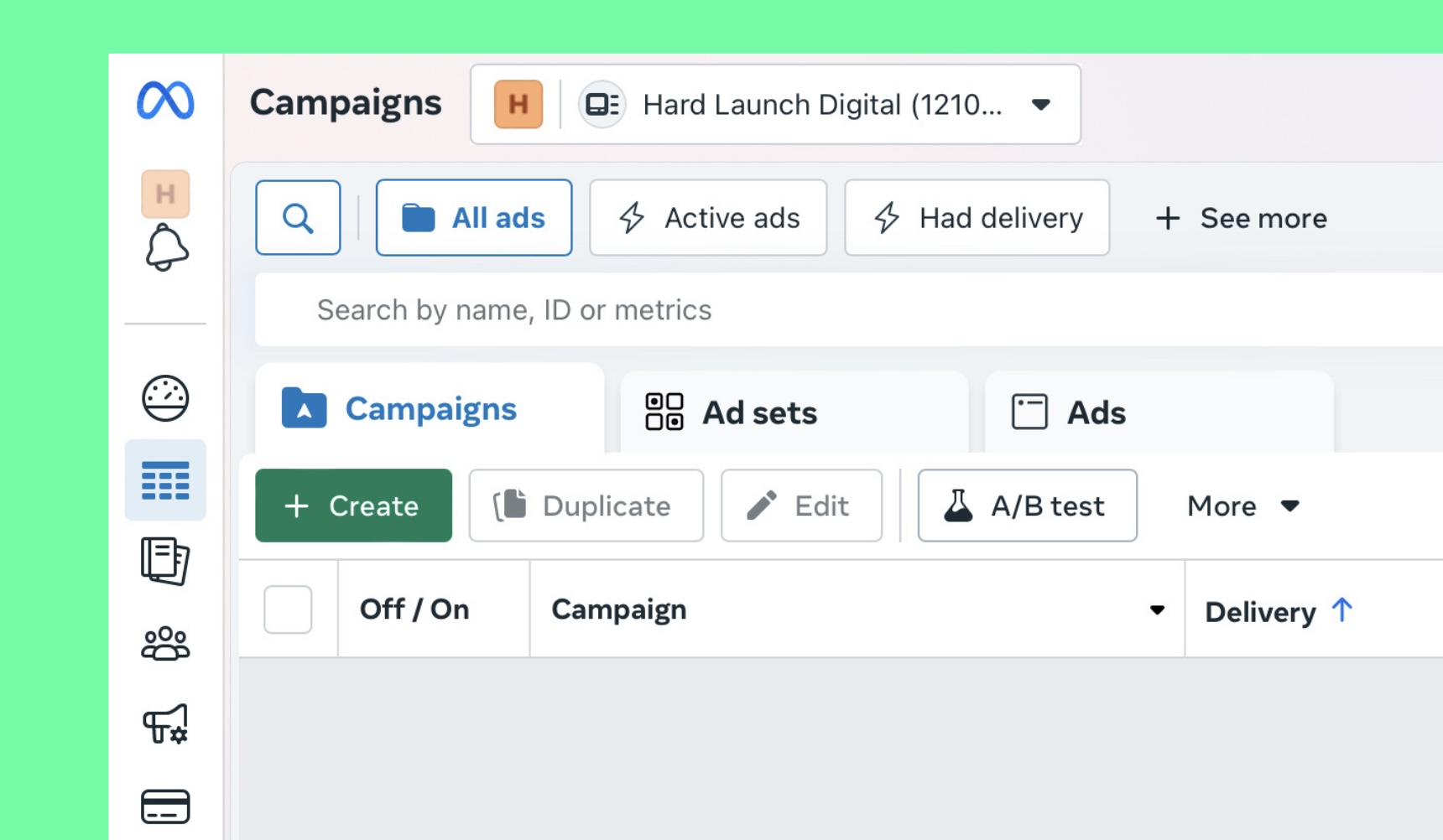 Screenshot of Meta Ads Manager showing Hard Launch Digital’s campaign dashboard for Facebook and Instagram ads.