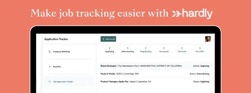 A computer screen showing the layout of the job tracker on Hardly's web app
