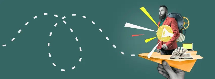 Man standing on a paper airplane with graphics representing roles and experiences, symbolizing how extracurriculars help you find a path to success