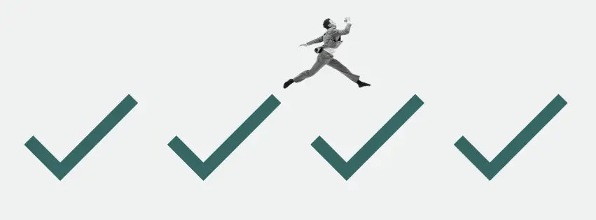 A conceptual header image for a guide on how to write a cover letter, featuring a man in a business suit leaping across a row of teal checkmarks against a light grey background.