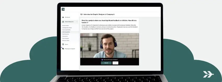 A laptop displaying the Hardly interview practice tool, showing a user record a response to an interview question, designed to help candidates prepare the best questions to ask in an interview.