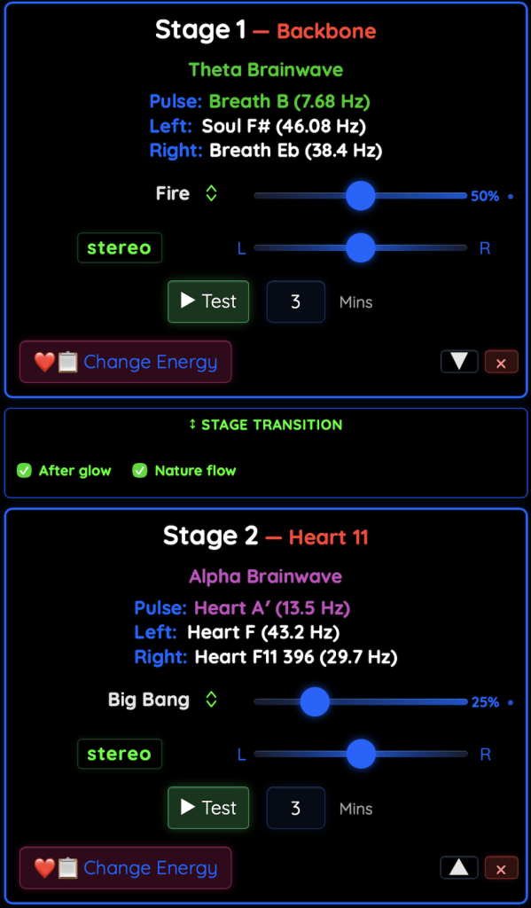 User interface displaying two stages for brainwave meditation, including stage names, pulse frequencies, and audio settings.