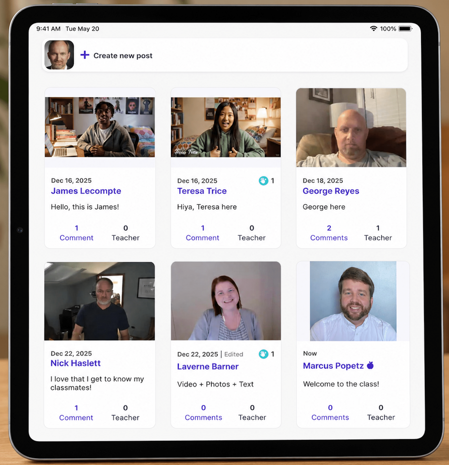 6 cards of students showing Harmonize on a tablet with a create post button.