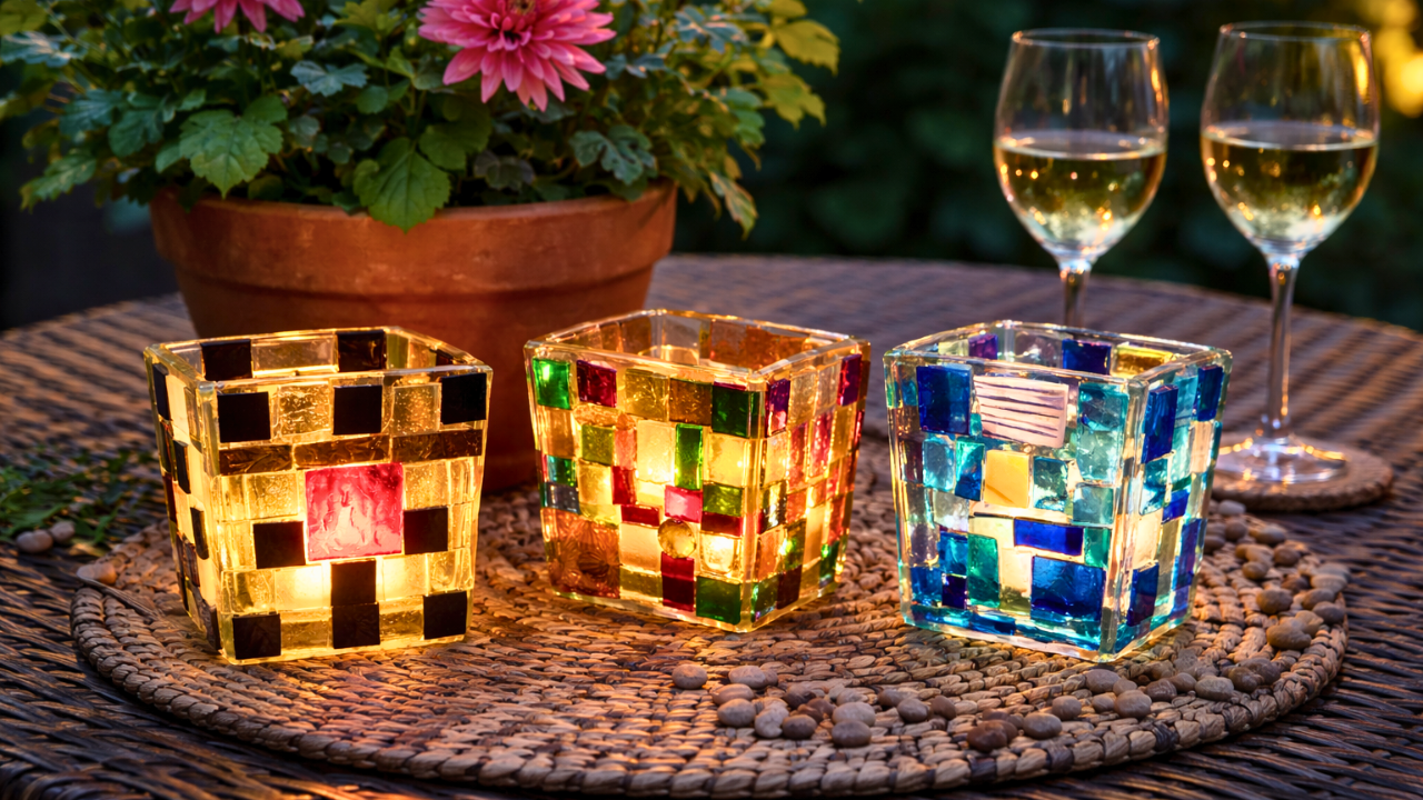 Fall colored mosaic glass candle holder workshop for beginners
