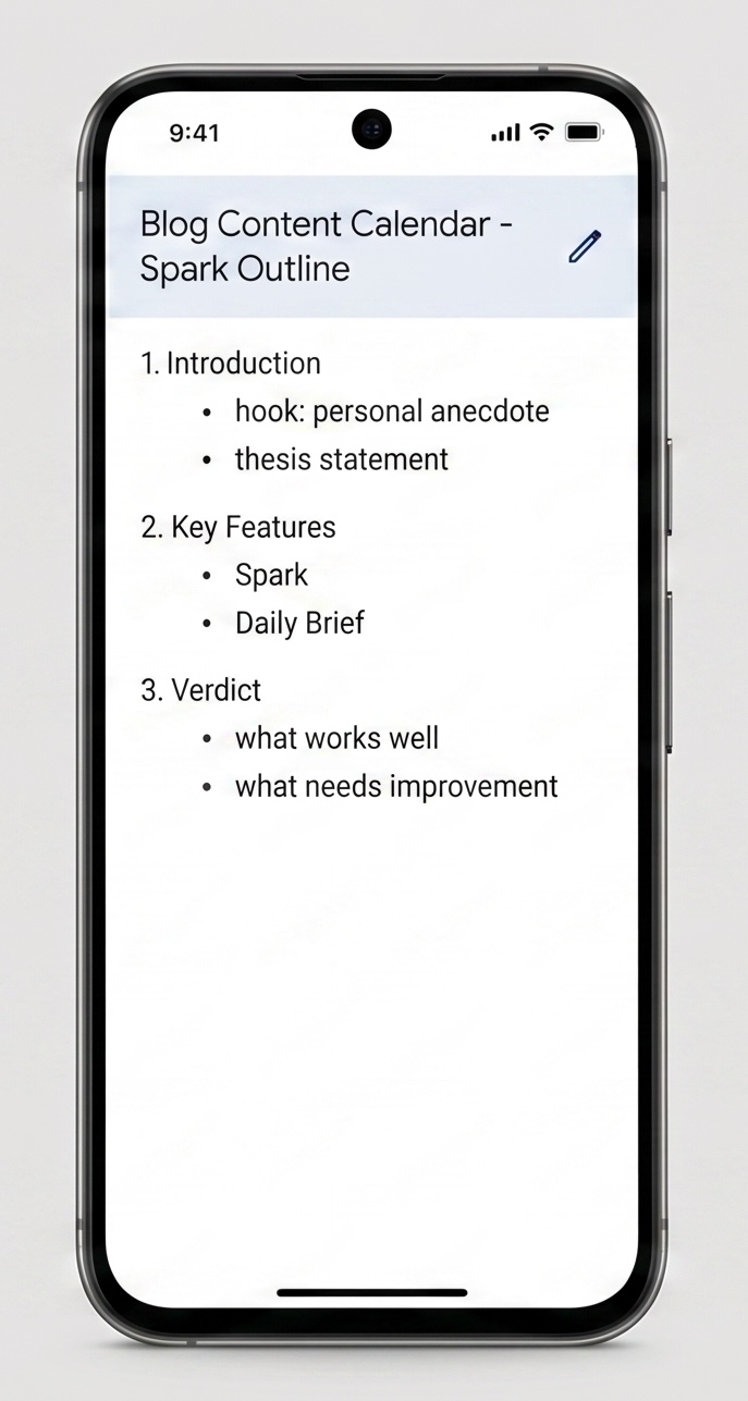 screenshot of the Google Docs outline that Spark generated