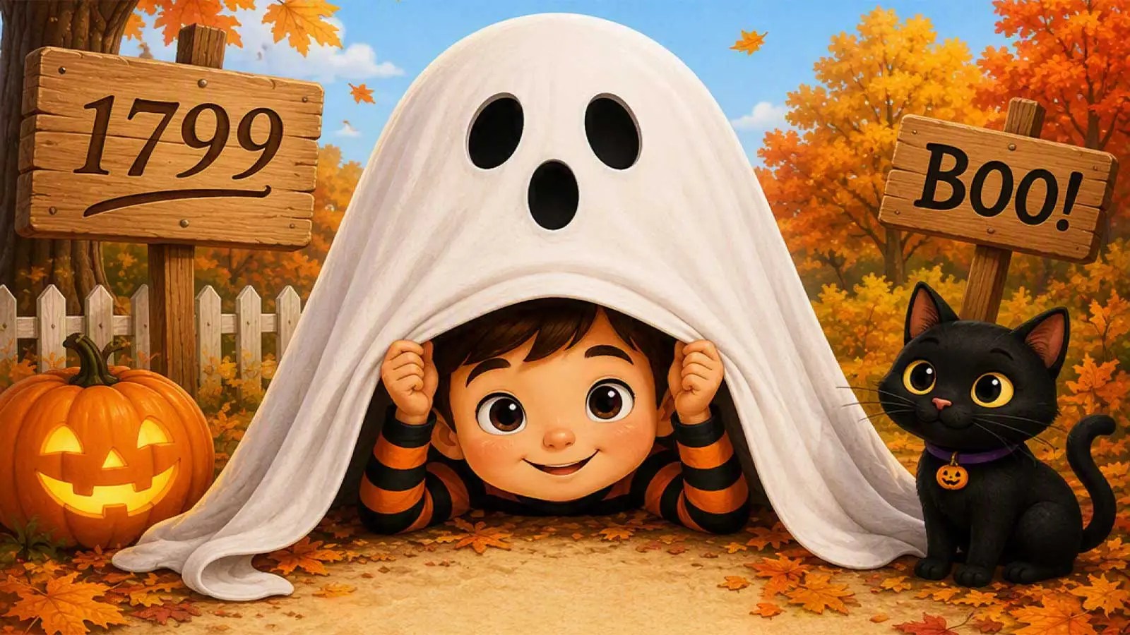 Illustrated image of a young boy laying undeneath a classic ghost costume. Next to him are a black kitten and a carved pumpkin as well as two wooden signs - one that says 1799 and another that says Boo.