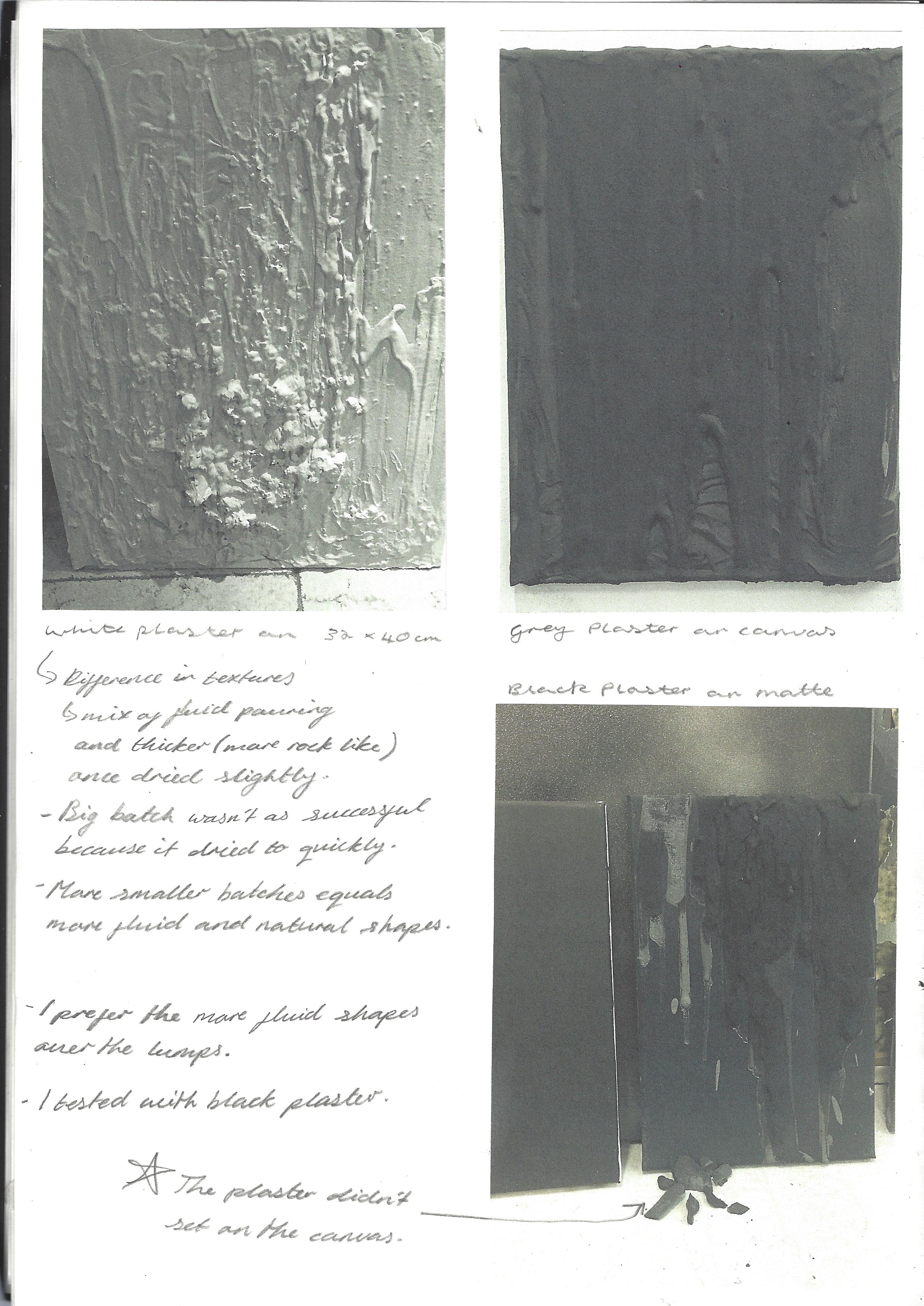 Continuation with pouring plaster on canvas both white, grey and black.
