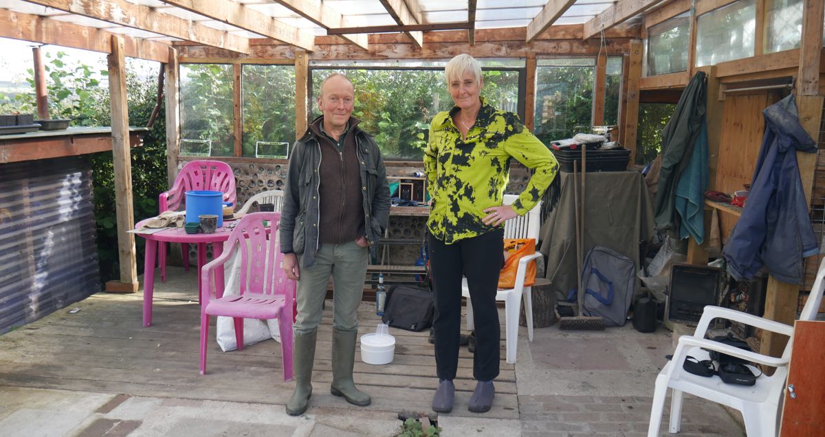 Farmer Fartley and Casey in lurid green tassled jacket