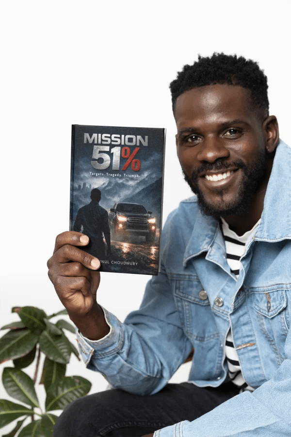 Man holding Mission 51% corporate thriller book
