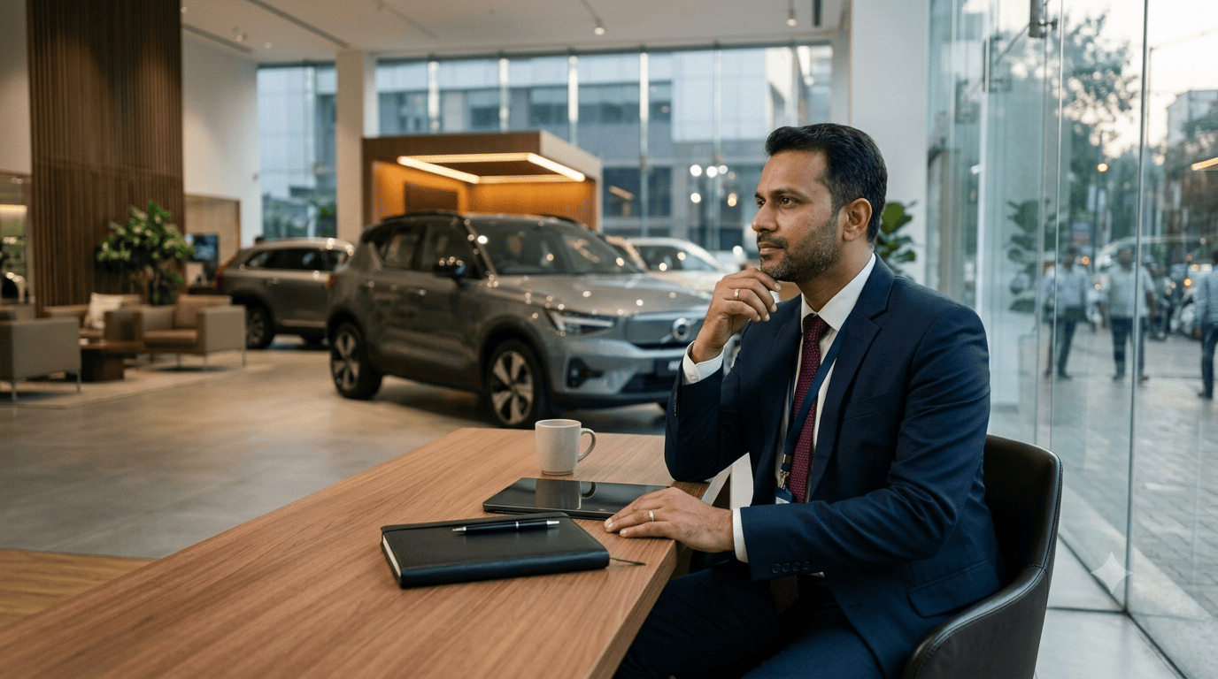 Car salesperson reflecting after a lost sale and preparing to try again in a modern SUV dealership showroom.