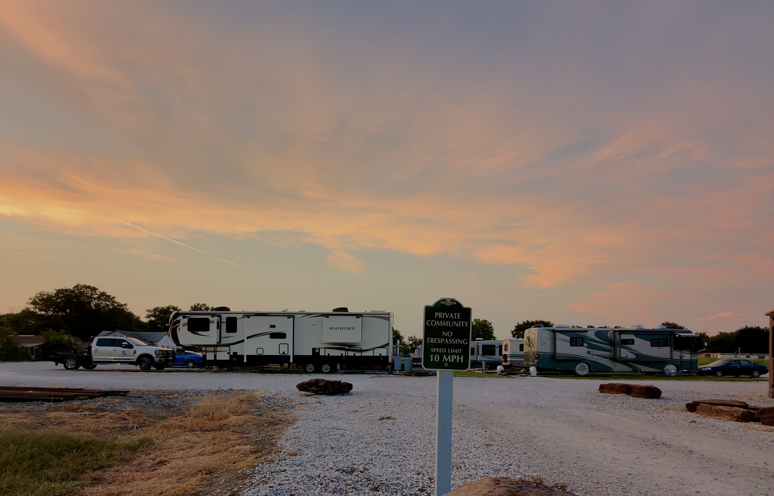 Haskell RV Ranch private community at sunset with long-term RV lots