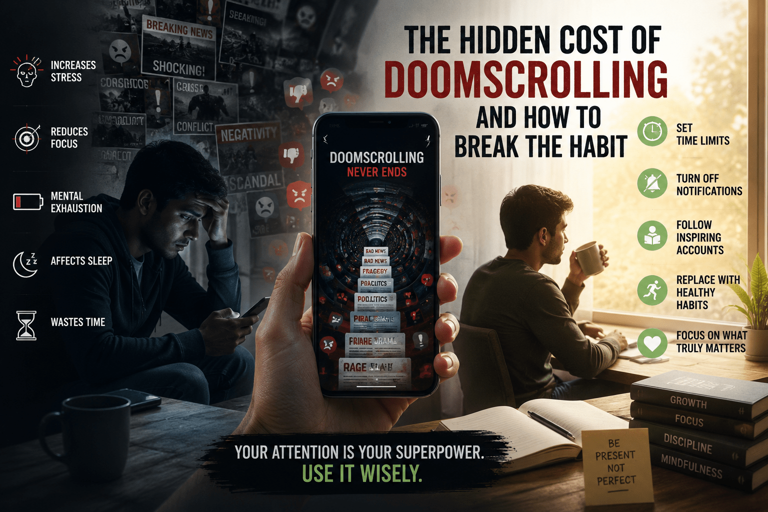 Person overwhelmed by doomscrolling on a smartphone contrasted with healthy digital habits to improve mental health and productivity.