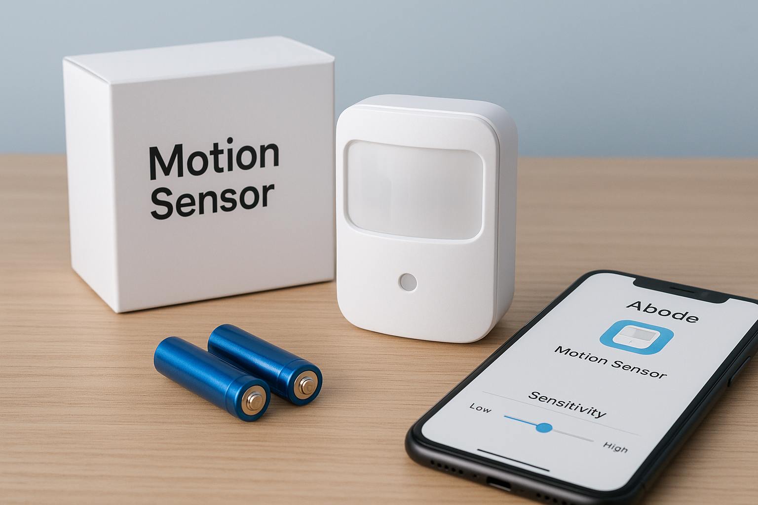 Wireless motion sensor with batteries, designed for home security and app connectivity.