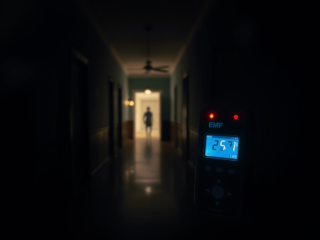 Digital EMF meter glowing in a dark hallway, measuring fields as a silhouetted figure stands in background
