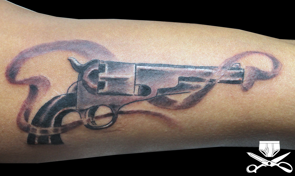 Black And Gray Gun Tattoo Hautedraws