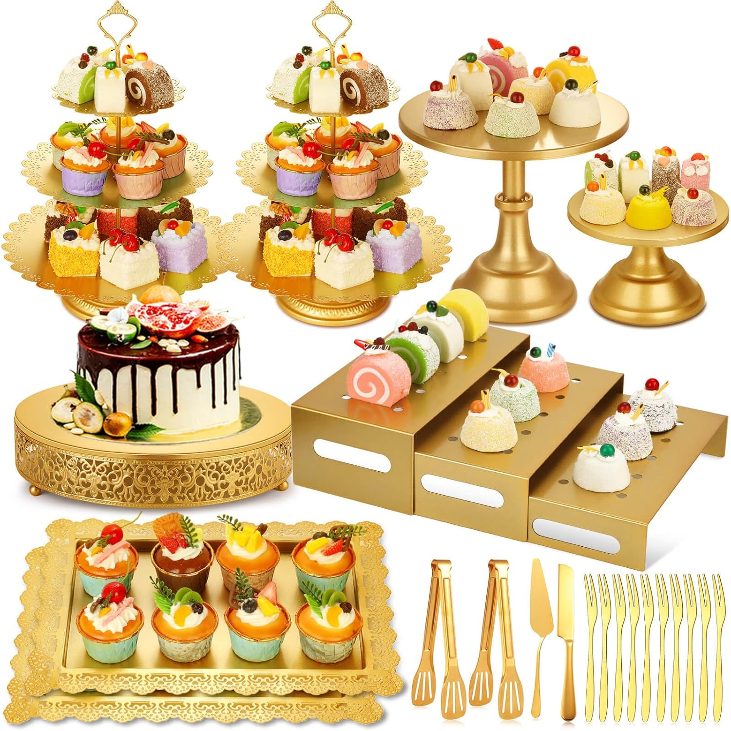 Audab Metal Gold Dessert Table Display Set Including Cake Stands, Cupcake Tower Stand, Dessert Tray, Risers Stands, Cake Cutting Set and Serving Tongs for Wedding, Birthday Party Decor
