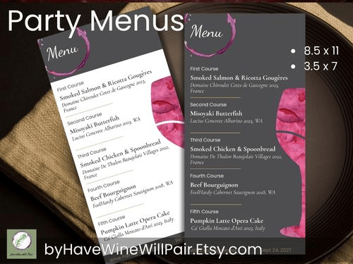 Wine Pairing Party Menu, Party Printables, Customizable Canva Template