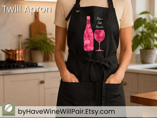 Twill black apron with wine theme original art, host gift