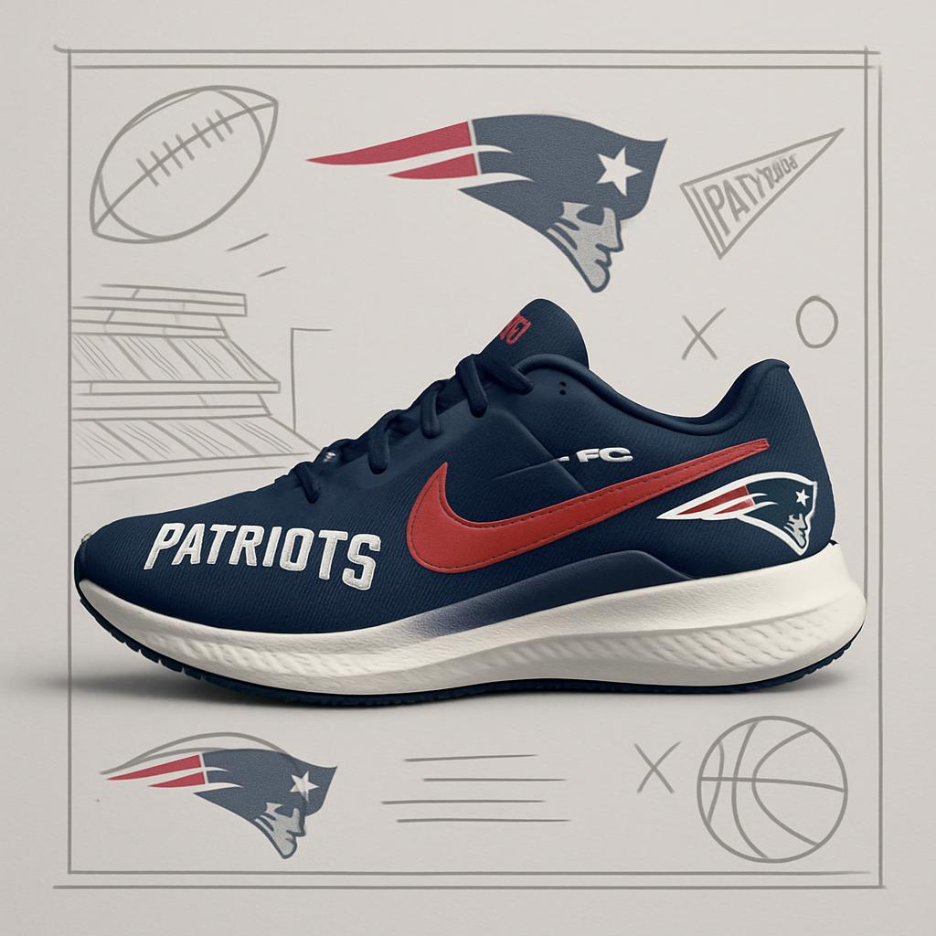 Nike running shoe in navy blue with a red Nike swoosh and Patriots logo, part of a collection inspired by the New England ...