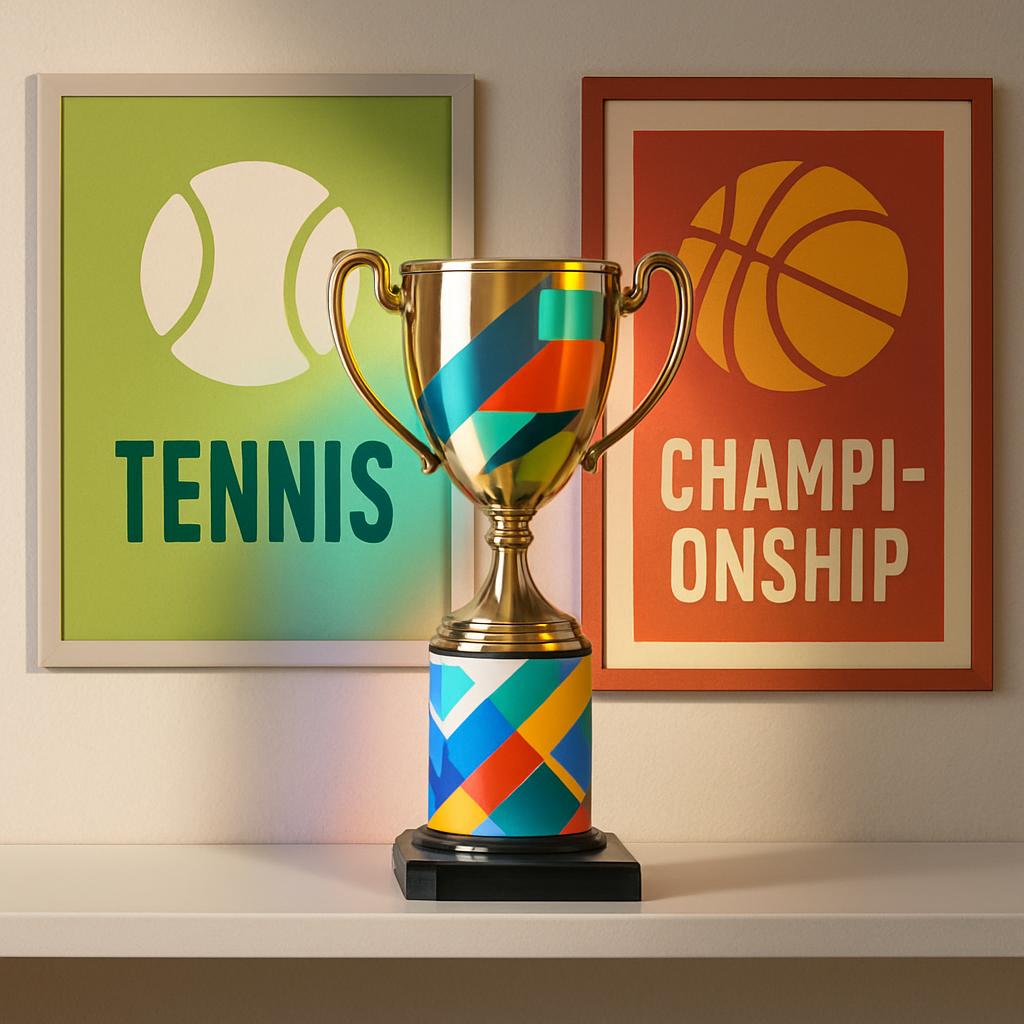 Trophy with tennis graphic poster and basketball graphic poster.