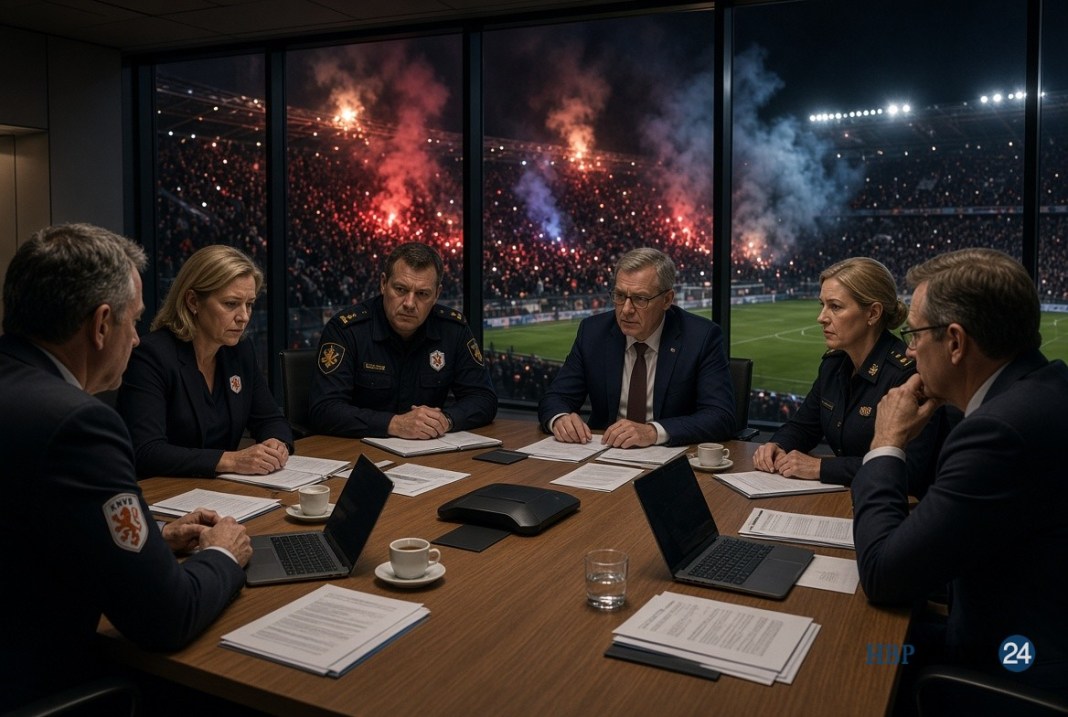 Harde maatregelen tegen geweld en vuurwerk in voetbal Vertegerswoordigers van KNVB, politie en overheid tijdens de crisisbijeenkomst over voetbalveiligheid