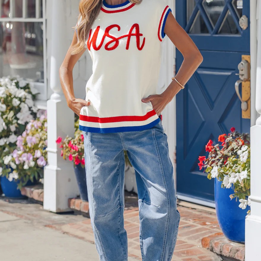 Peyton USA Varsity Trim Sweater Top