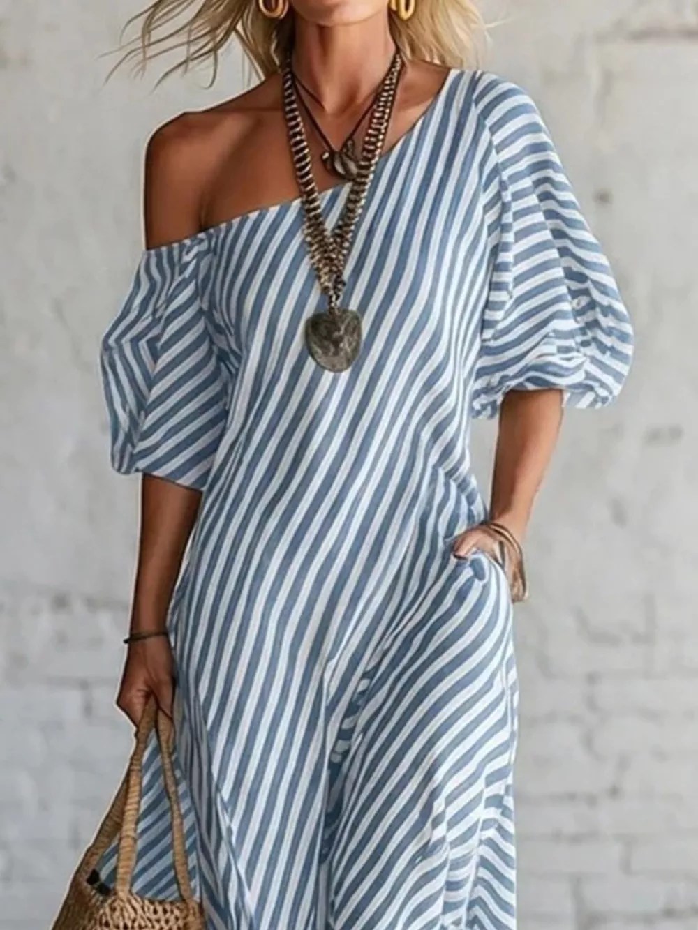 Coastal Breeze Striped One-Shoulder Maxi Dress with Pockets