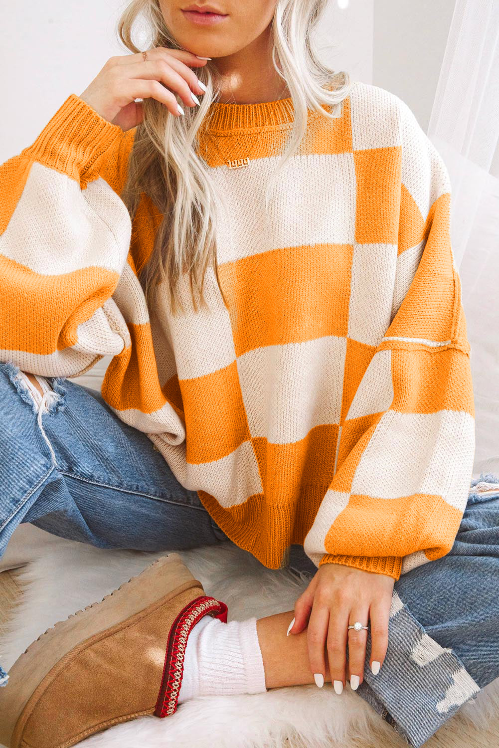 The Avery Checkered Bishop-Sleeve Sweater