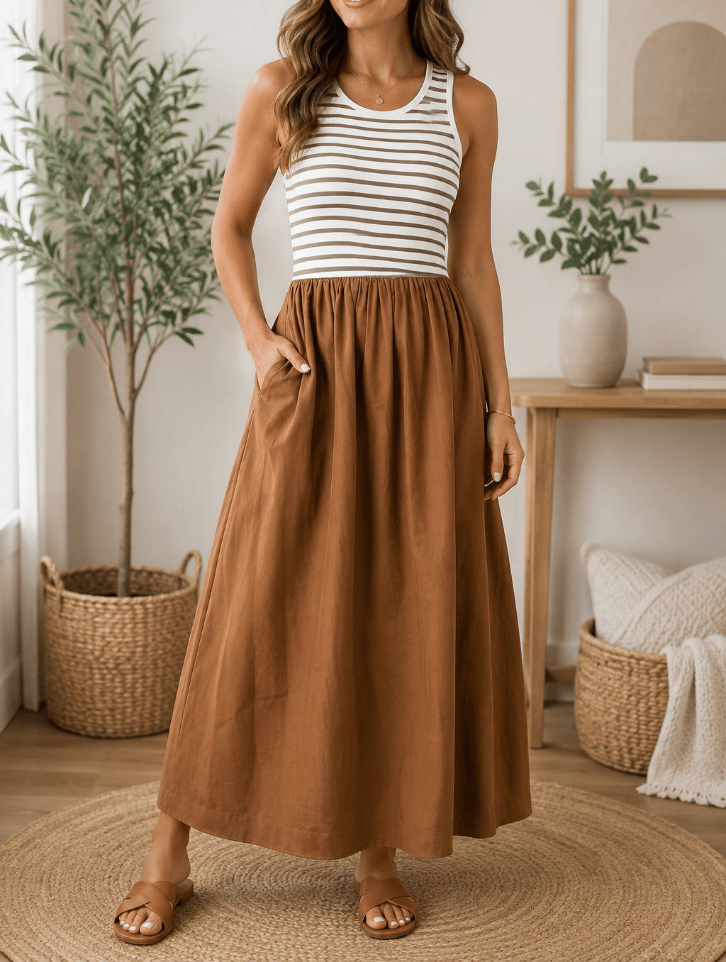 The Chestnut Stripe Patchwork Dress with mixed striped panels in warm chestnut tones
