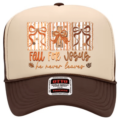 Fall For Jesus trucker hat with seasonal faith graphic
