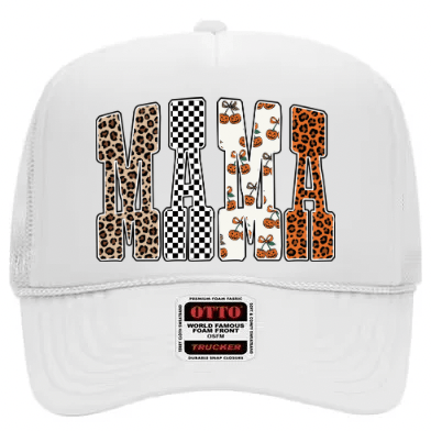Fall Multiprint Mama trucker hat with seasonal mama graphic