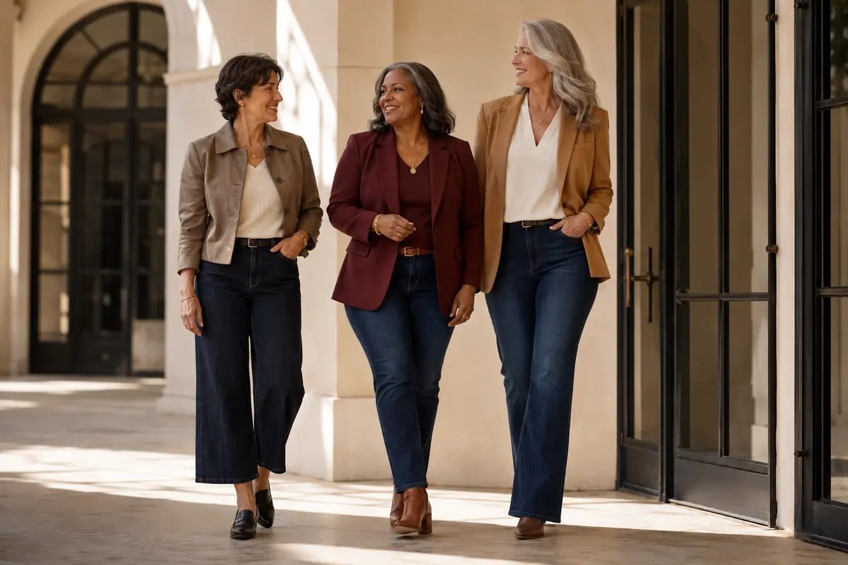 Three confident women over 40 wearing dark denim in wide-leg, slim-straight, and bootcut silhouettes with taupe, burgundy, and camel tailored jackets.
