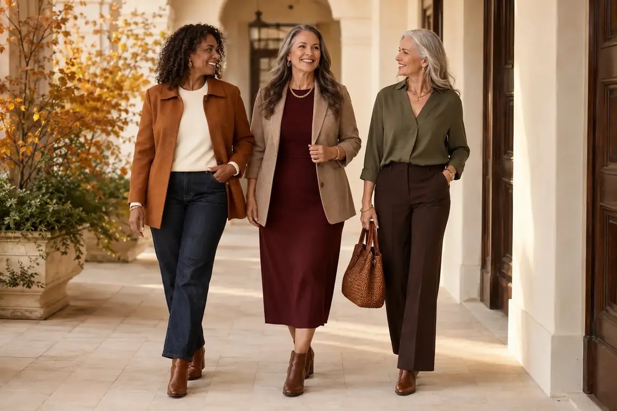 Three confident women over 40 wearing wearable Fall 2026 looks in cognac, burgundy, olive, cream, dark denim, and chocolate brown.