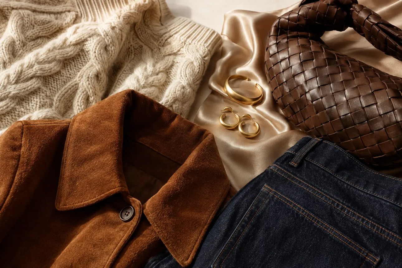 Close-up of cream cable knit, cognac suede, dark denim, champagne satin, woven brown leather, and brushed-gold jewelry.