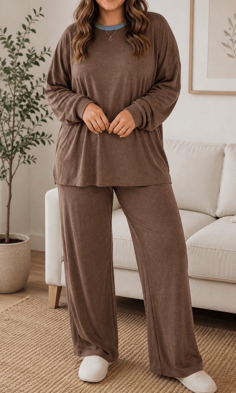 The Mocha Patchwork Plus Set in brown colorblock patchwork