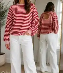 The Piper Red Stripe Open-Back Top in red and white stripes with soft pink trim and an open-back cutout