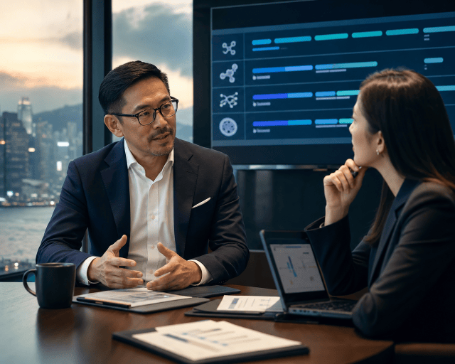 Advisor reviewing a biotech listing readiness report with milestone and gap analysis