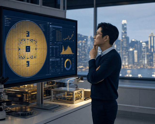 Engineer reviewing a specialist technology schematic and data dashboard