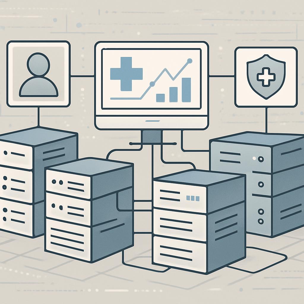 A system with multiple servers, a monitor displaying a graph, and a shield icon, representing server security and monitoring.