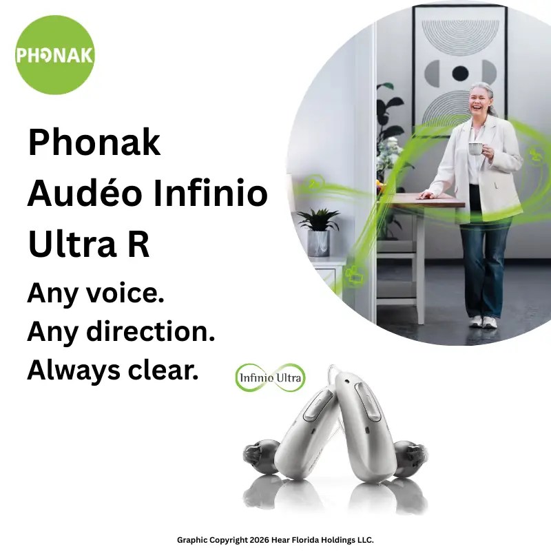 Phonak Audeo Infinio Ultra R brand page infographic with a pair of hearing aids