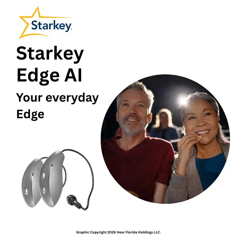 Starkey Edge AI infographic with a pair of Starkey Edge AI hearing aids